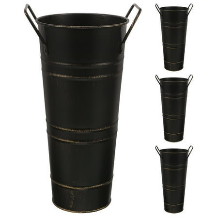 Homoyoyo 4Pcs Vintage Galvanized Flower Vases with Handle Black Rustic Metal Decor