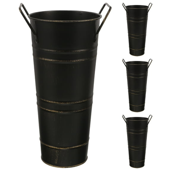 Homoyoyo 4Pcs Vintage Galvanized Flower Vases with Handle Black Rustic Metal Decor