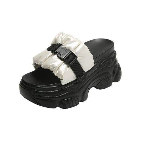

Slope With Pleated Sandals Summer Fashion Belt Buckle Thick Bottom Muffin A Word High Heel Slippers