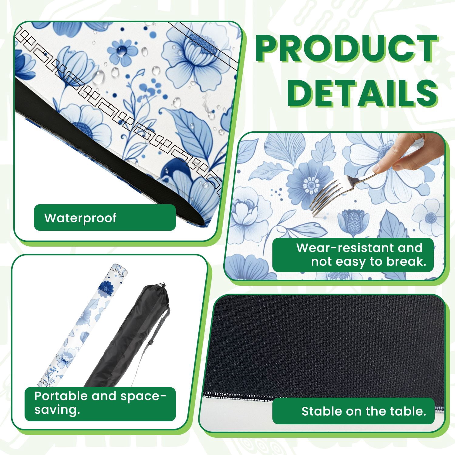 Mahjong Mat 31.5" x 31.5" Blue Floral Detailed Flowers Leaves Hand Drawn Style Non-Slip Noise Reduction American Mahjong Tiles Table Cover for Dominoes Poker Card Board Games Gift