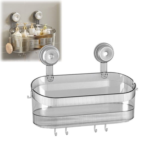 1Pcs No-Drill Bathroom Suction Storage Box – Large Capacity & Strong Load-Bearing, No Drill Bathroom Drain Rack With Hooks, Wall Mount Suction Cup Shower Caddy with Drain Holes (Grey)