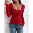 thumbnail image 6 of Womens Long Sleeve Shirts Square Neck Ribbed Knit Crop Tops Fall Outfits Fashion Clothes Red L, 6 of 8