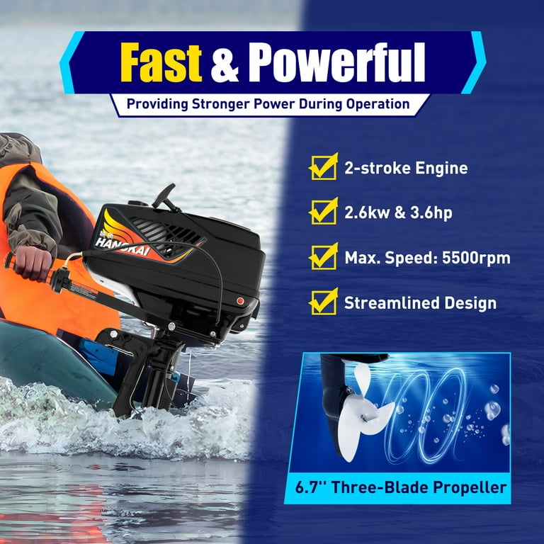 2 Stroke 3.6HP Outboard Motor, Fishing Boat Engine, Heavy Duty Marine Boat Engine with Water Cooling CDI System, Black
