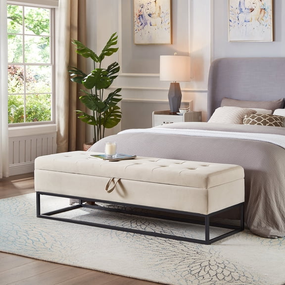 FFZ 59"L Velvet Storage Bench with Button Tufting and Metal Base, Beige