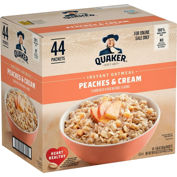 Quaker Instant Oatmeal, Peaches & Cream, Quick Cook Oatmeal, 1.05 oz Packets, 44 Packets