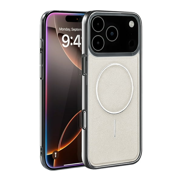 ELEHOLD For Apple iPhone 17 Pro Max Magnetic Leather Case Cover Shock-Absorbent Wireless Charging Compatible PU Leather Non-Slip Basic Protective Case Cover,White