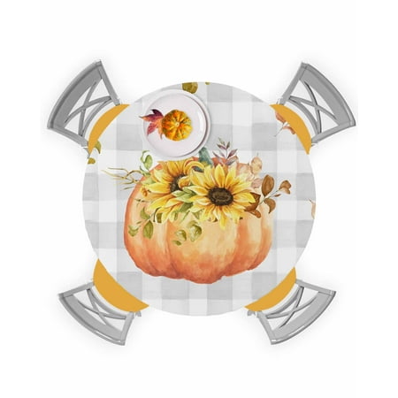 

Round Tablecloth with Elastic Fall Pumpkin Sunflowers Eucalyptus Leaf Grey Plaid Waterproof Stain-proof Table Cover Wipeable Fitted Table Cloths for 55 -60 Round Tables Dining Kitchen