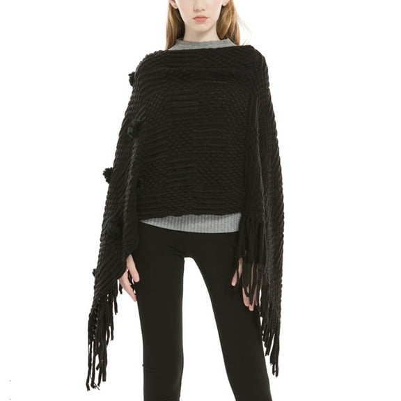 SWSMCLT Women's Knit Poncho Sweater Solid Pullover Casual Mexican Poncho Wrap Soft Tassel Fringe Crochet Adult Winter Spring Fall Pom Pom Shawl Asymmetrical V Neck Cape Sweater Black One Size