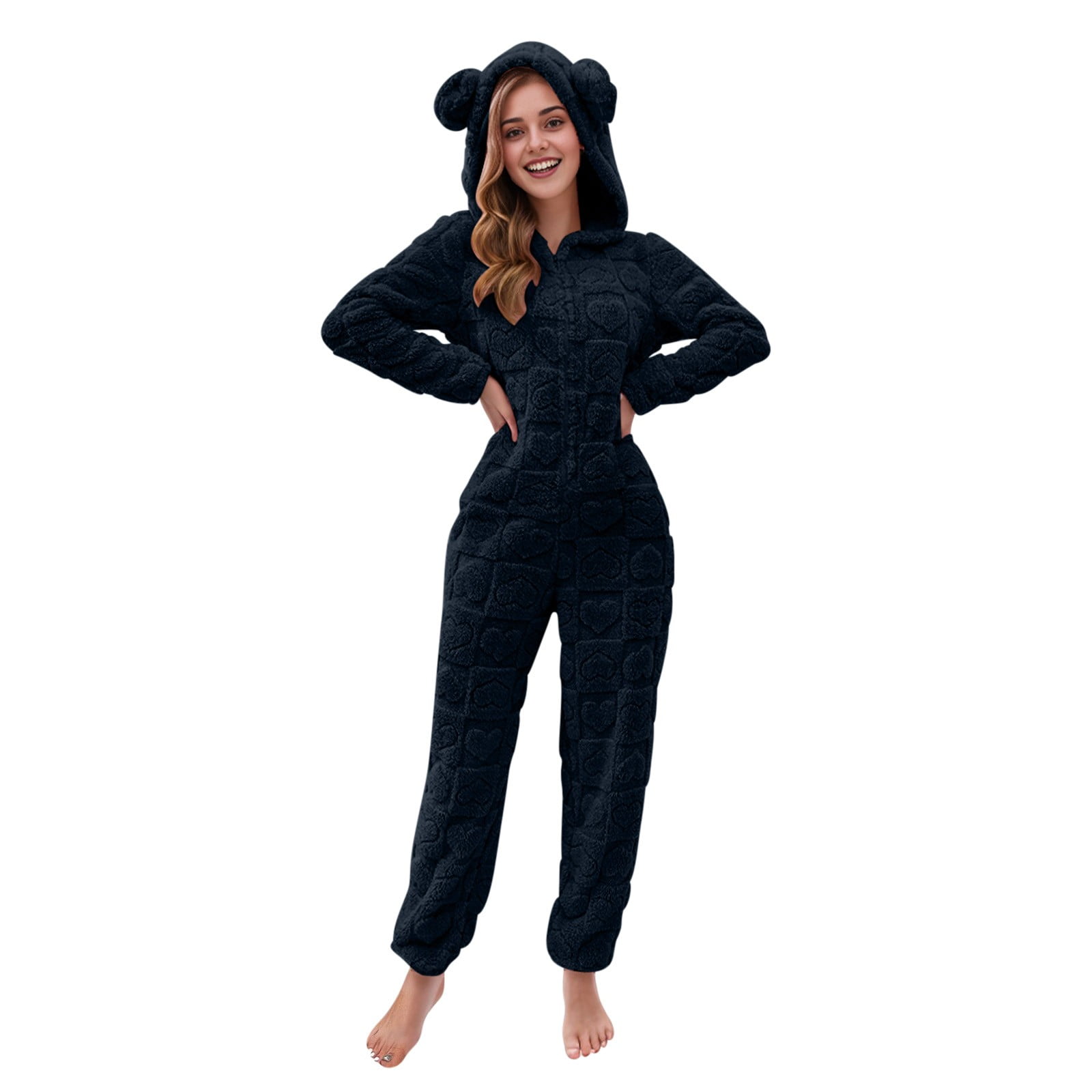 BiZtdJrK Women's Furry Sherpa Onesie Pajamas Fashion Heart Jacquard Jumpsuits Cute Ear Hood Romper Lounge Sleepwear, Navy, L
