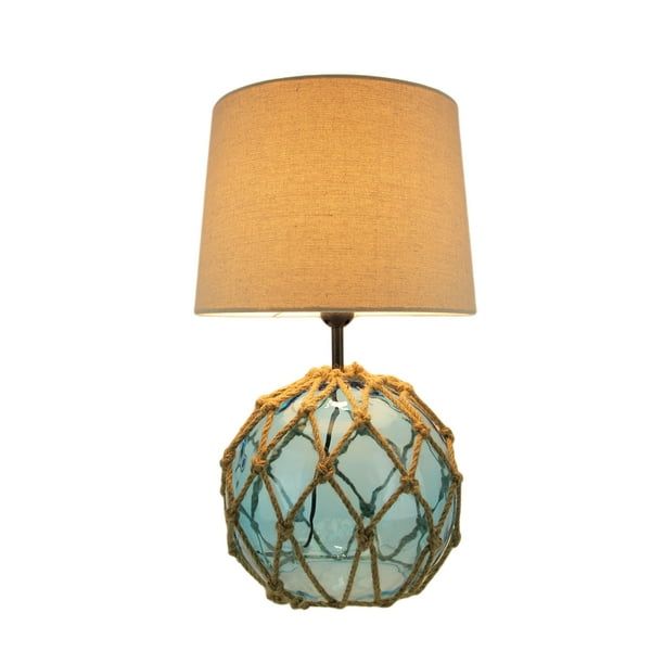 Blue Rope and Glass Nautical Buoy Style Lamp with Linen Look Shade