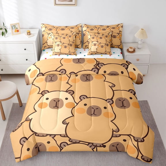 Manfei Kawaii Capybara 7-Piece Twin Bedding,Cute Animal Pattern Bedding Comforter Set,Brown,Polkadot Reversible