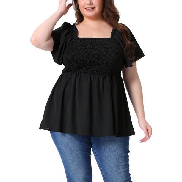 Blusas de verano de talla grande para mujer Agnes Orinda, con cuello cuadrado, mangas cortas, dobladillo con volantes, sueltas y casuales, 4X, negras