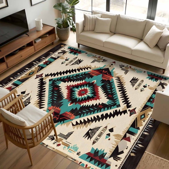 8x10 Area Rugs Boho Red Teal Brown Non-Skid Rubber Backing Large Rectangle Rugs - Living Room Bedroom Home Office, Southwestern Country Geometric Indoor Floor Mat Carpets Washable Rug