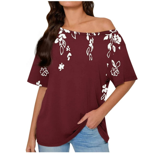 Tops de Manga Corta para las Mujeres Cuello Inclinado de Ajuste Suelto Casual Blusa Deportiva para el Hogar, Top de Poliéster Relajado para Primavera Verano Diario Y Entretenimiento
