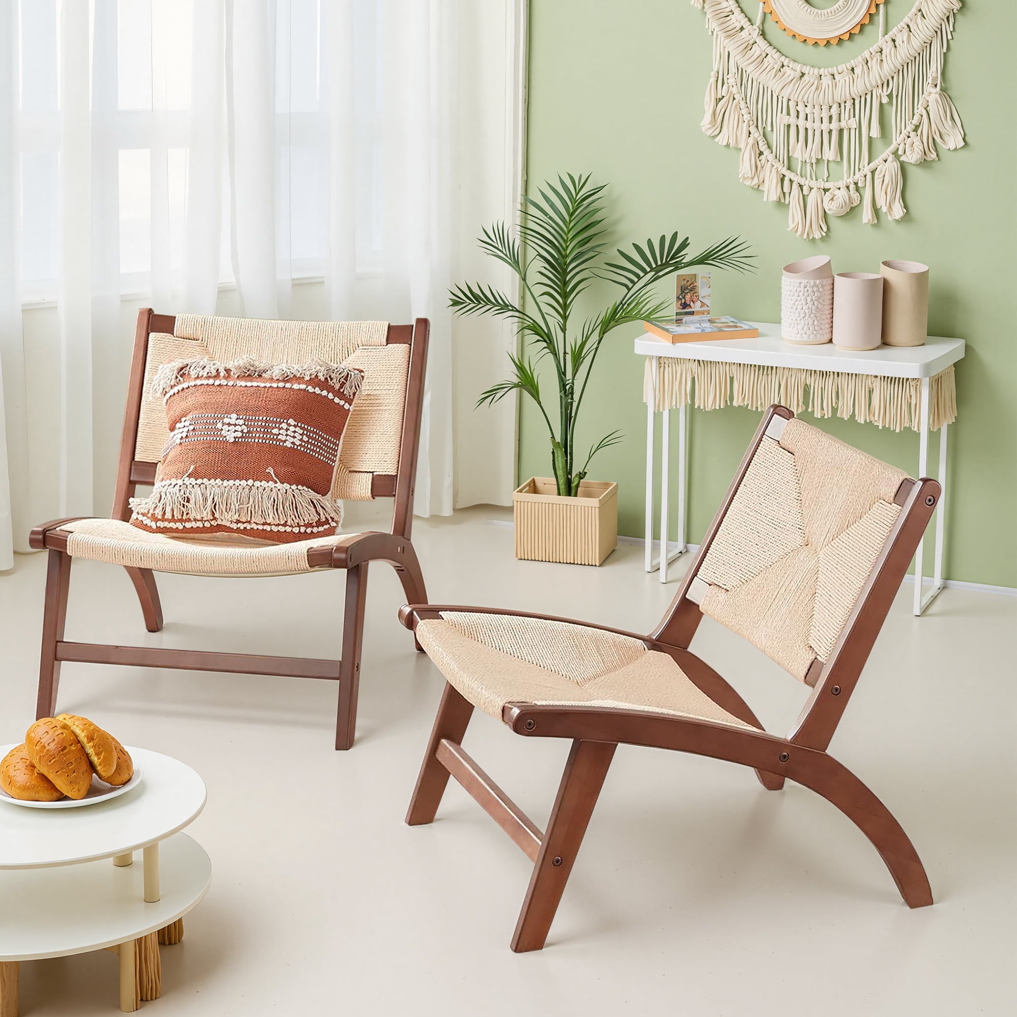 MAYEERTY Modern Boho Accent Chair, Scandinavian Beech Wood, Braided Jute Woven Seat & Back, Light Amber-Beige