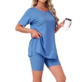 thumbnail image 4 of INSPIRE CHIC Women's Pajama Set Split Short Sleeve Jersey Knit Tops with Fitted Tight Shorts Sleepwear Nightwear Lounge Set S Blue, 4 of 6