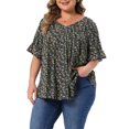 thumbnail image 4 of Agnes Orinda Women's Plus Size Floral Tops Pleated V Neck Flared Sleeve Casual Summer Blouses 4X Black, 4 of 6