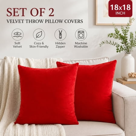Pack of 2 Christmas Red Velvet Pillow Covers 18x18 Inch Decorative Throw Pillow Cases for Sofa Couch Bed Cozy Holiday Cushion Covers