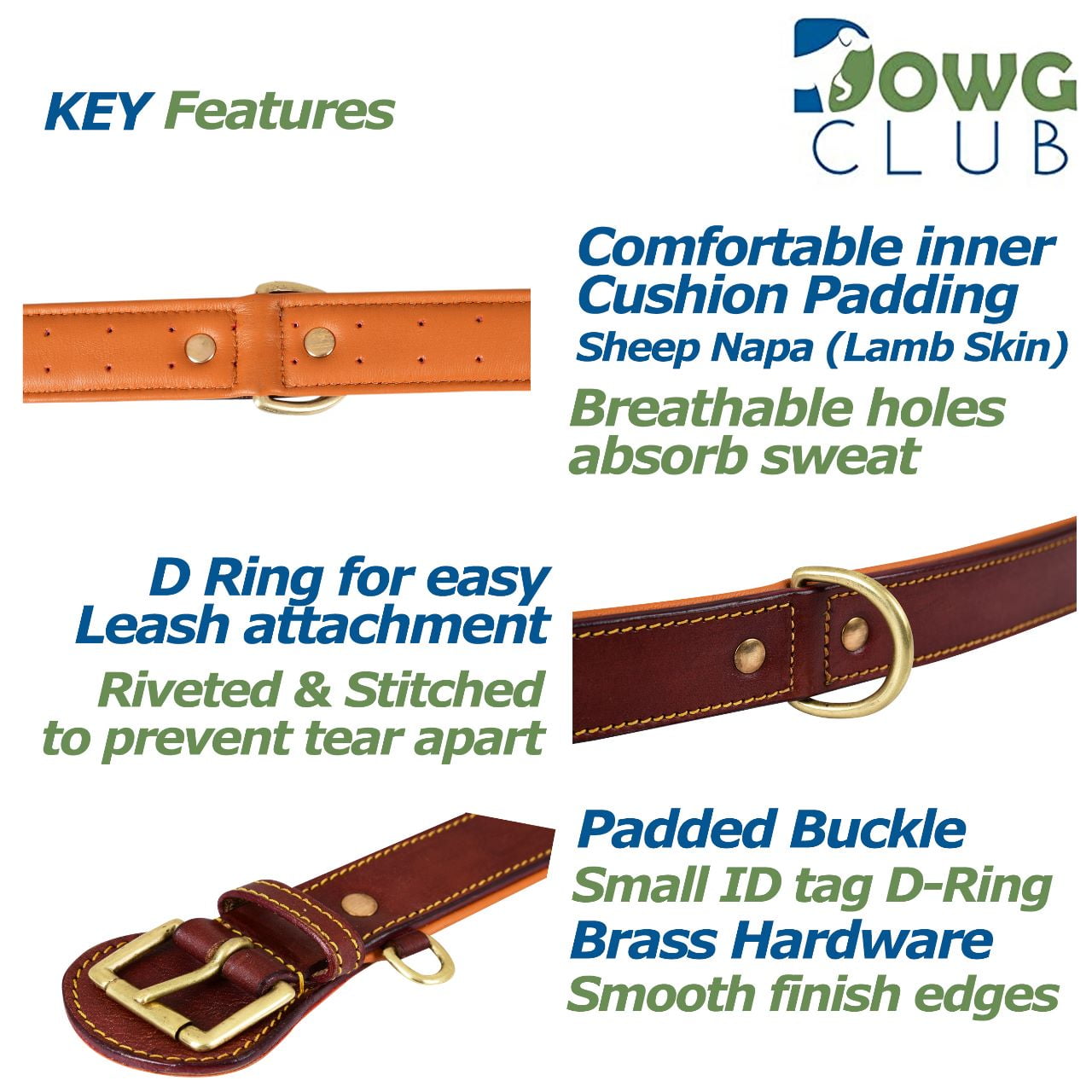 DowgClub Genuine Leather Dog Collar, Padded & Comfortable, Breathable Cushion, Heavy Duty, Handmade, Brown (Large)
