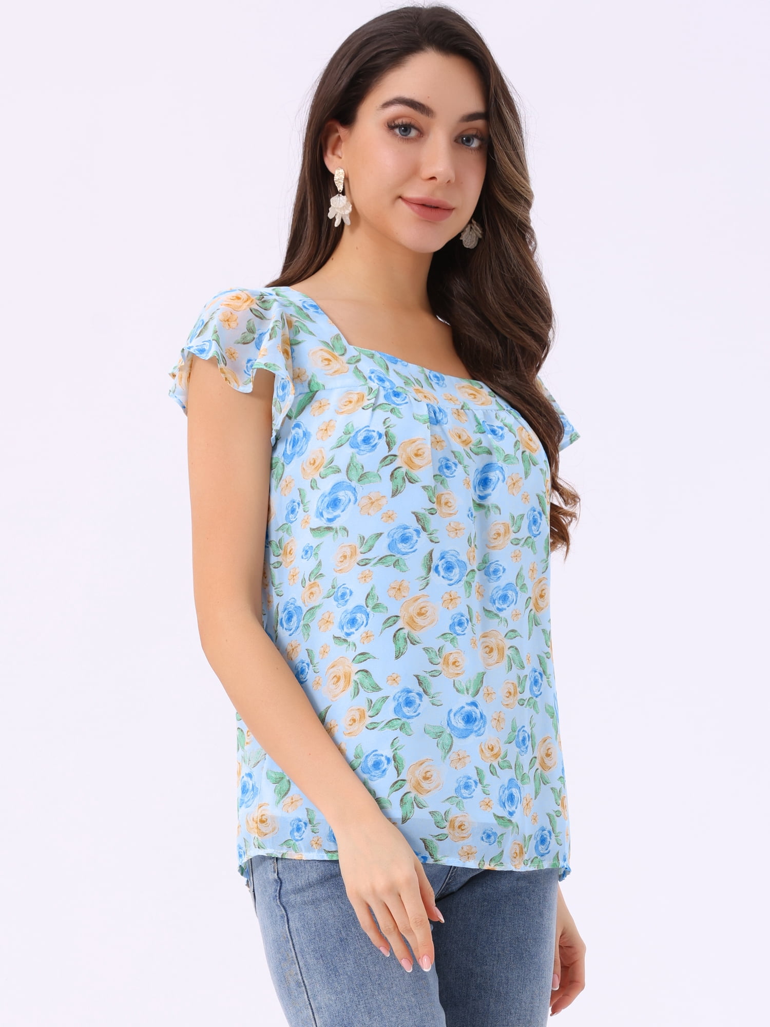 DARING DIVA Square Neck Ruffle Sleeve Chiffon Blouses  S Sky Blue