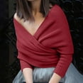 thumbnail image 3 of Oplxuo Women's Wrap V Neck Cropped Sweaters Shawl, 2024 Fall Long Sleeve Cross Front Off Shoulder Solid Knitted Pullover Tops, 3 of 4