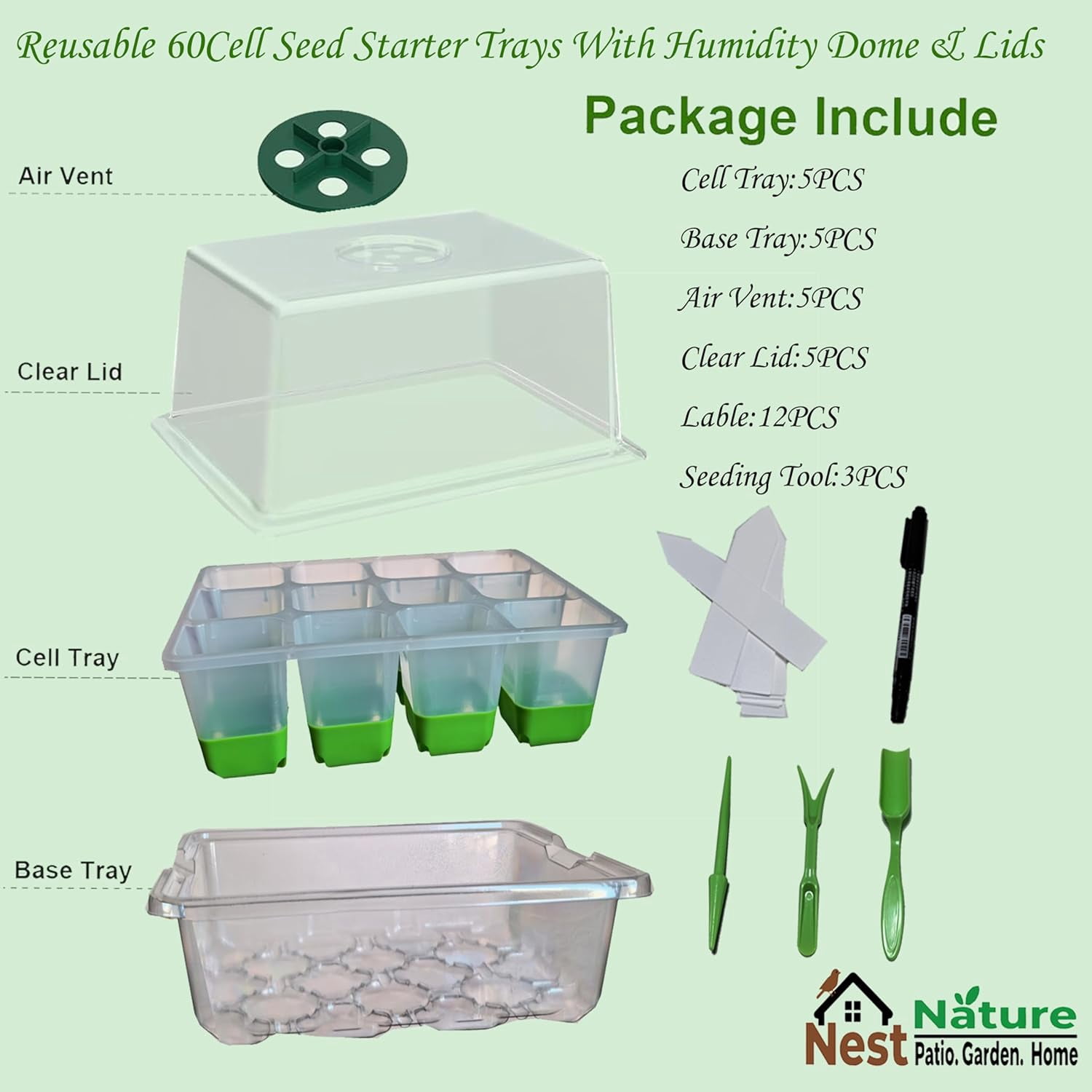 Flexible Germination Trays, Reusable 60-Cell Seed Starter Trays With Humidity Dome & Lids, Flexible Pop-Out Design, BPA-Free Silicone Seedling Kit & Dishwasher Safe for Herbs/Vegetables/Flowers