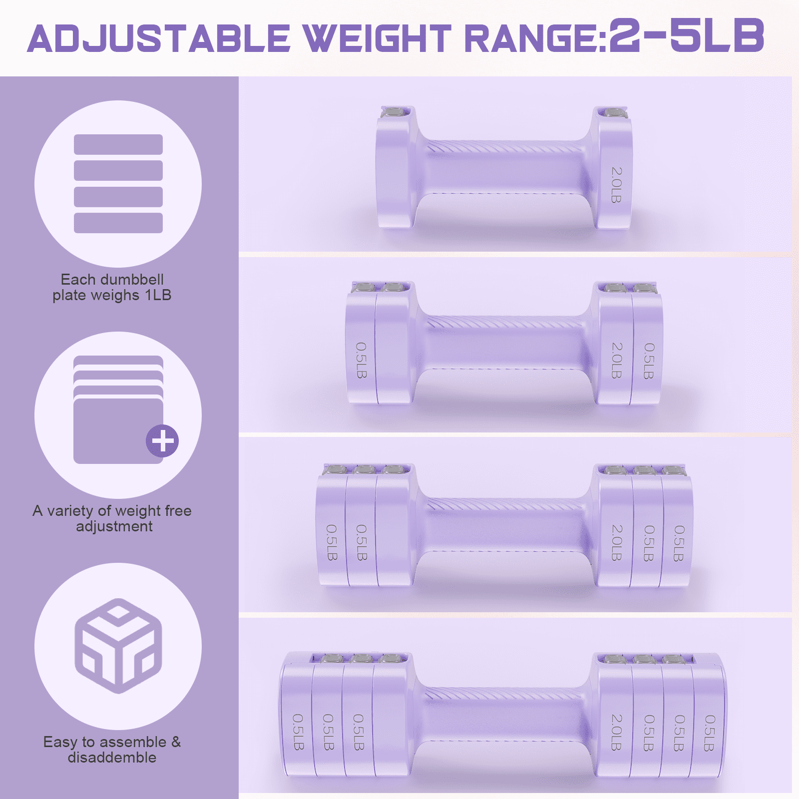 GIKPAL 5lbs*2 Adjustable Dumbbells Set, 4-in-1 Free Weights for Women, Each 2lb 3lb 4lb 5lb Hand Weights for Home Gym, Purple