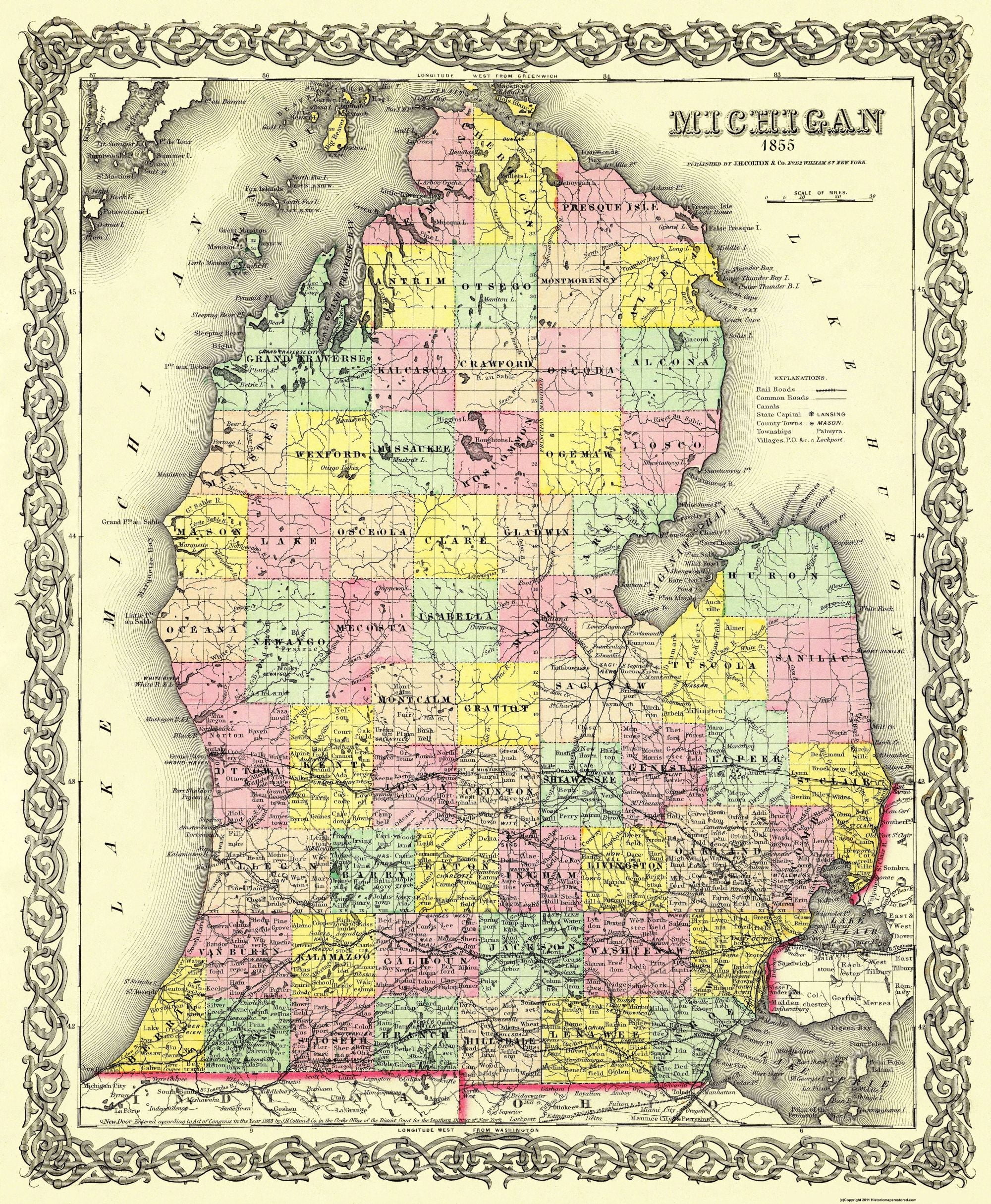 Michigan Lower Peninsula - Colton 1855 - 23 x 27.94 - Glossy Satin ...