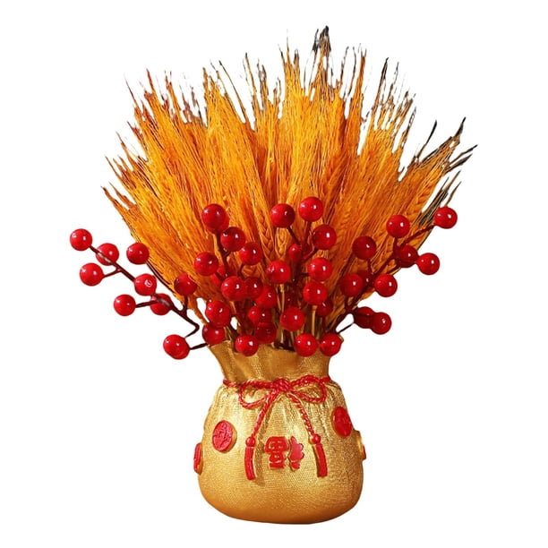 Jarrón de trigo seco con forma de bolsa, frutos rojos, arreglos florales de mesa, decoración floral Dorado