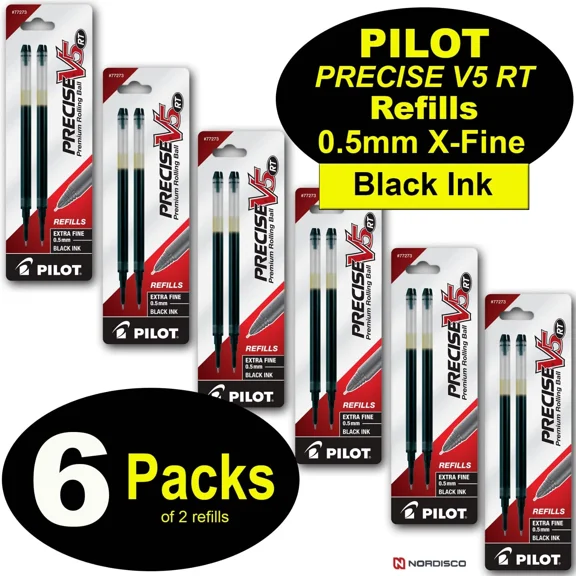 Pilot Precise V5 Rt Refills 77273, Black Ink 0.5Mm Extra Fine 6 Packs Of Refills