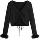 thumbnail image 1 of Blusa corta de manga corta con cuello en V y cordón frontal para mujer Negro sólido XL Negro sólido XL Xishao ropa, 1 of 2
