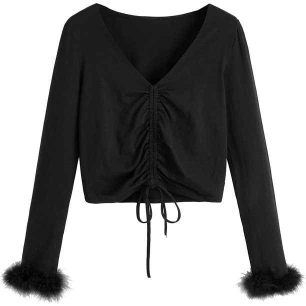 Blusa corta de manga corta con cuello en V y cordón frontal para mujer Negro sólido XL Negro sólido XL Xishao ropa