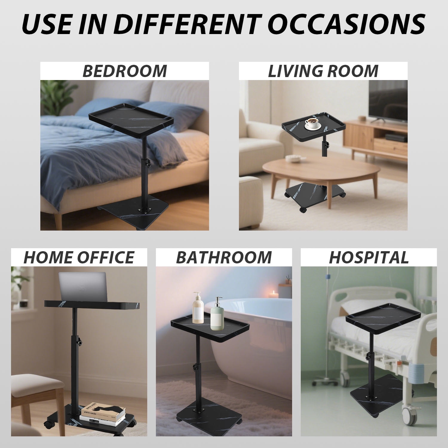 ManyFun C Table End Table Adjustable Heigh Durable MDF Top, Steel Frame, Universal Wheels, Multifunctional Tea Table (Black and white texture)