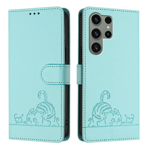 Phone Case for Samsung Galaxy S23 Ultra Wallet Case Cat Pattern PU Leather Case with [RFID Blocking] Card Slots Kickstand Shockproof Magnetic Flip Cover, Mint