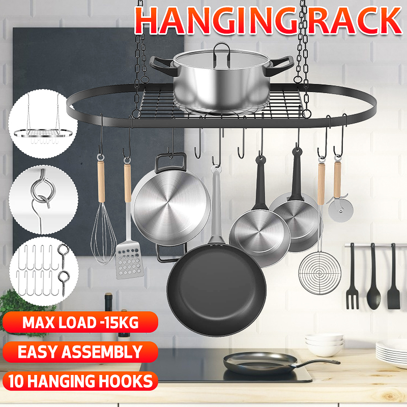 Wall Hanging Metal Kitchen Shelf Mount Folding Pot Rack With 10 Hooks Black US Wall Hanging Metal Kitchen Shelf Mount Folding Pot Rack With 10 Hooks Black US