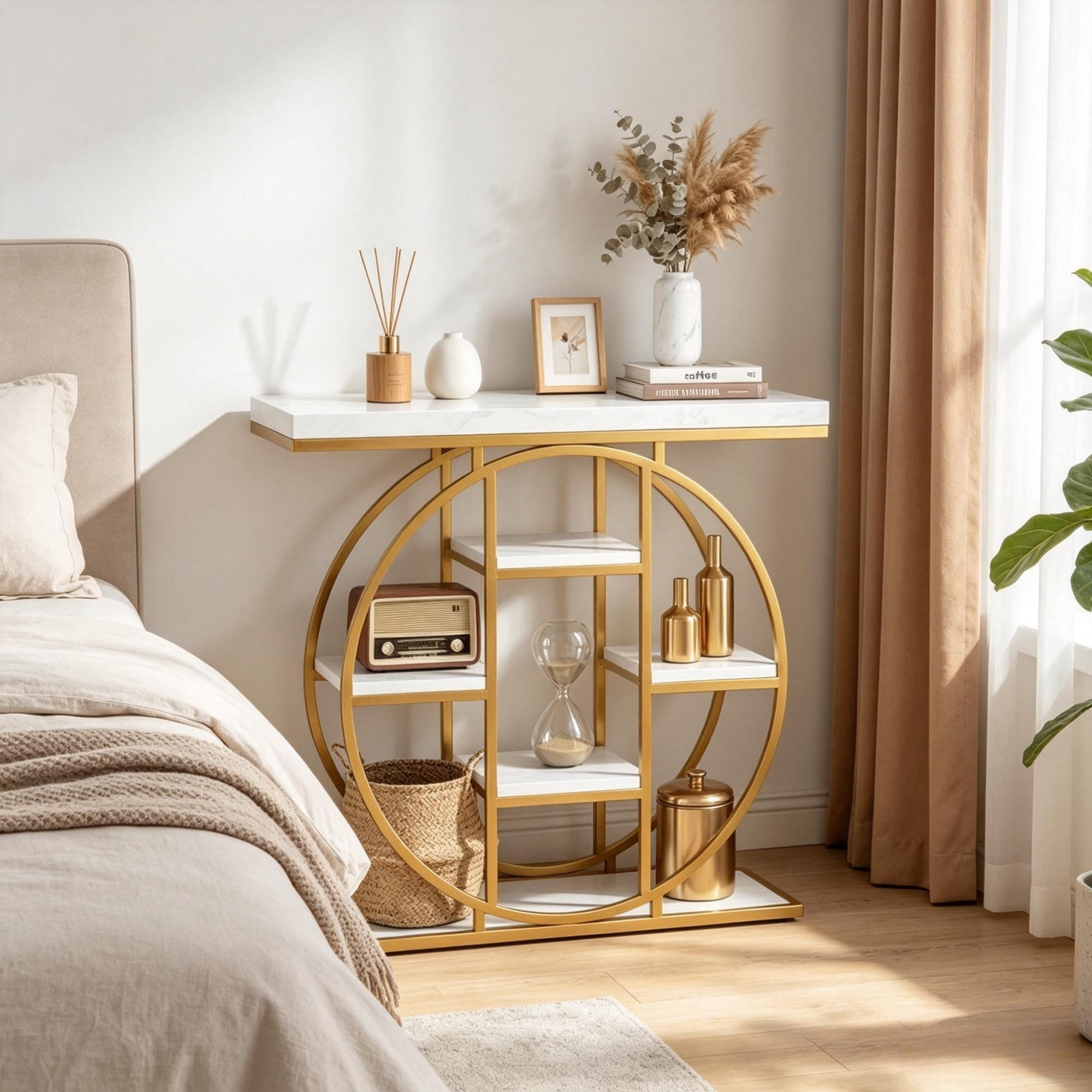 1PCS Multi-Tier Shelving Chic Console Table, Entryway Storage Display Table, Accent Sofa Table with Circular Base