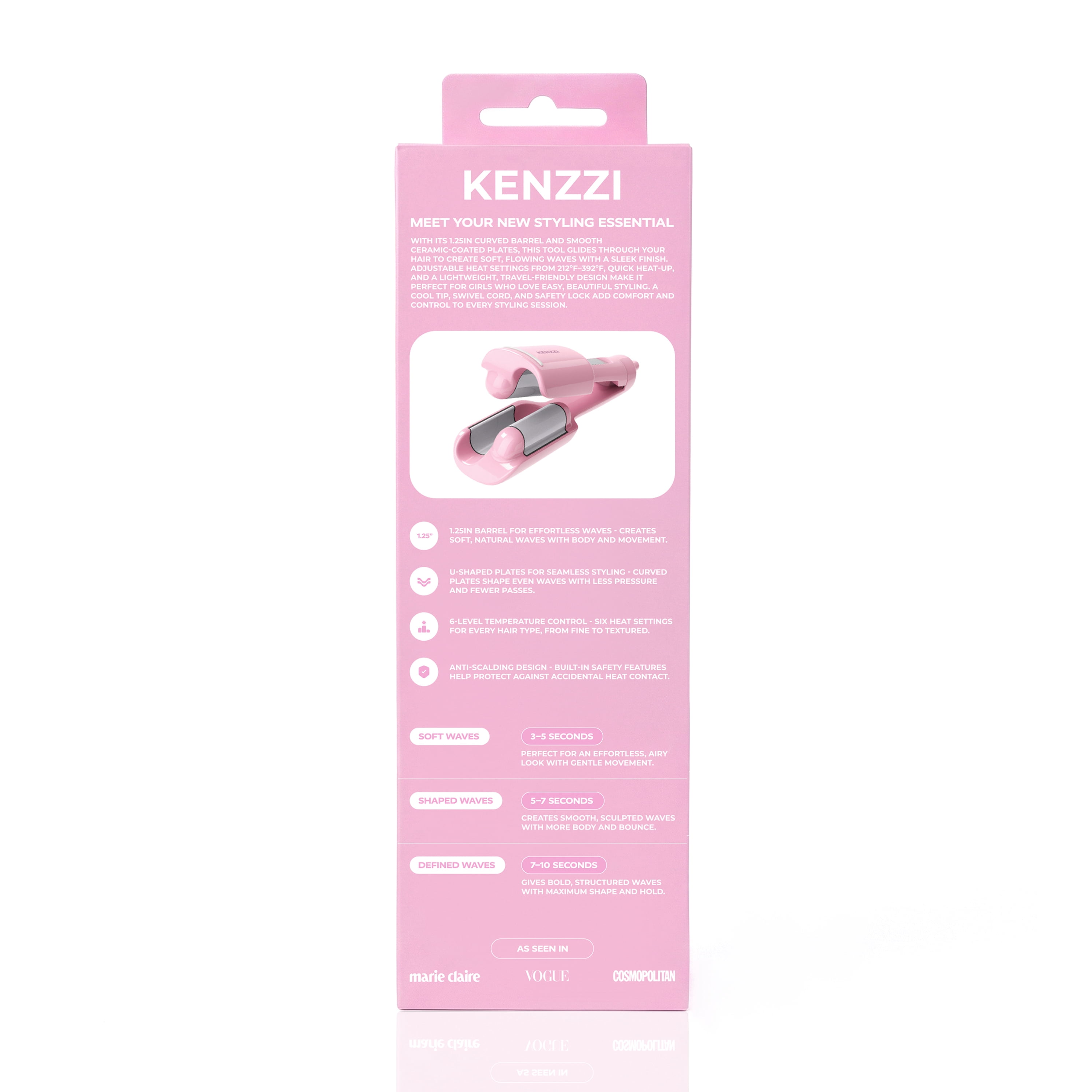 KENZZI Wave Styler 2-Barrel Hair Waver, 1.25 in, 6 Heat Settings, Pink