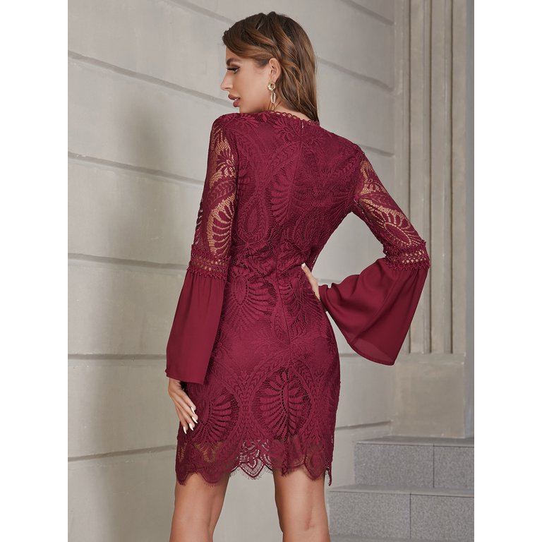 knee length dresses for ladies Burgundy Guipure Lace Midi Dress – self-portrait-US
