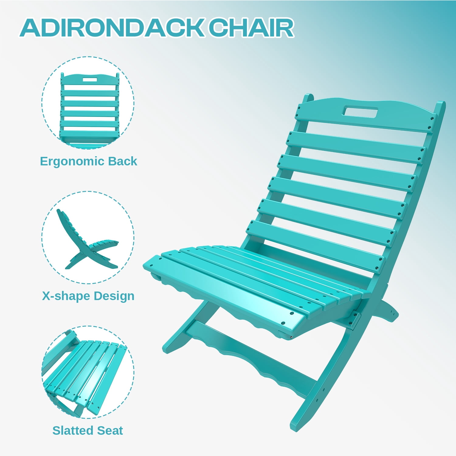 FODINGHILL Folding Adirondack Xavier Chair, HDPE All-Weather Portable Fire-Pit Chair for Outdoor Beach Deck Poolside Garden Patio Porch Fishing, Aqua