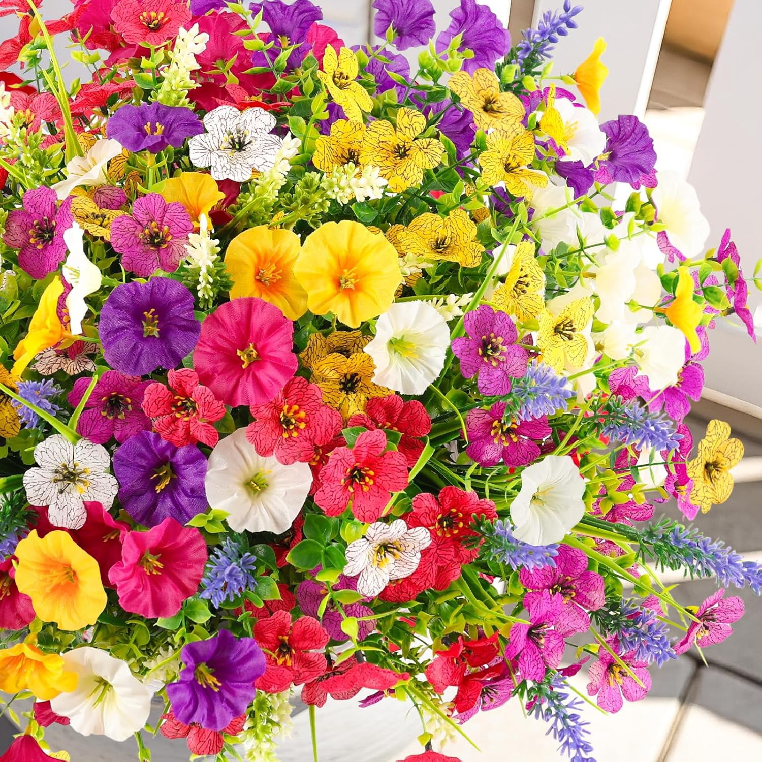 Artificial Flowers for Outdoors, 12 Bundles Mixed Faux Silk Spring Flowers Look Real Fake Plants for Front Door Porch Planter Patio Garden Yard