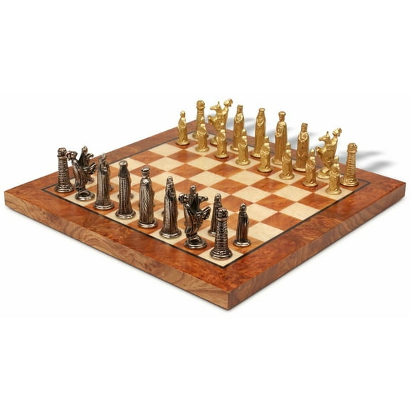 Small Medieval Theme Metal Chess Set with Elm Burl Chess Board