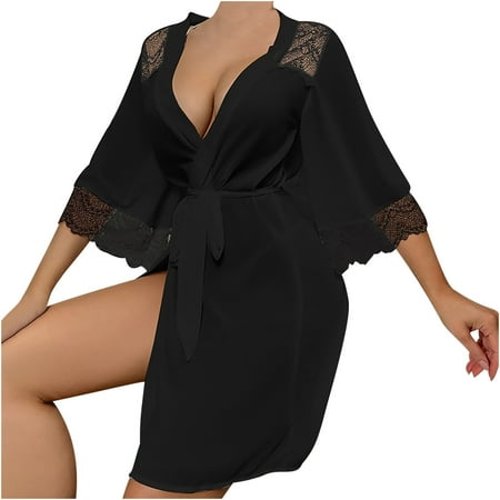 Kaemgyyd Women Lace Robe 3/4 Sleeve Flowy Mini Sleepwear Babydoll Mesh Bride Robe for Wedding Party