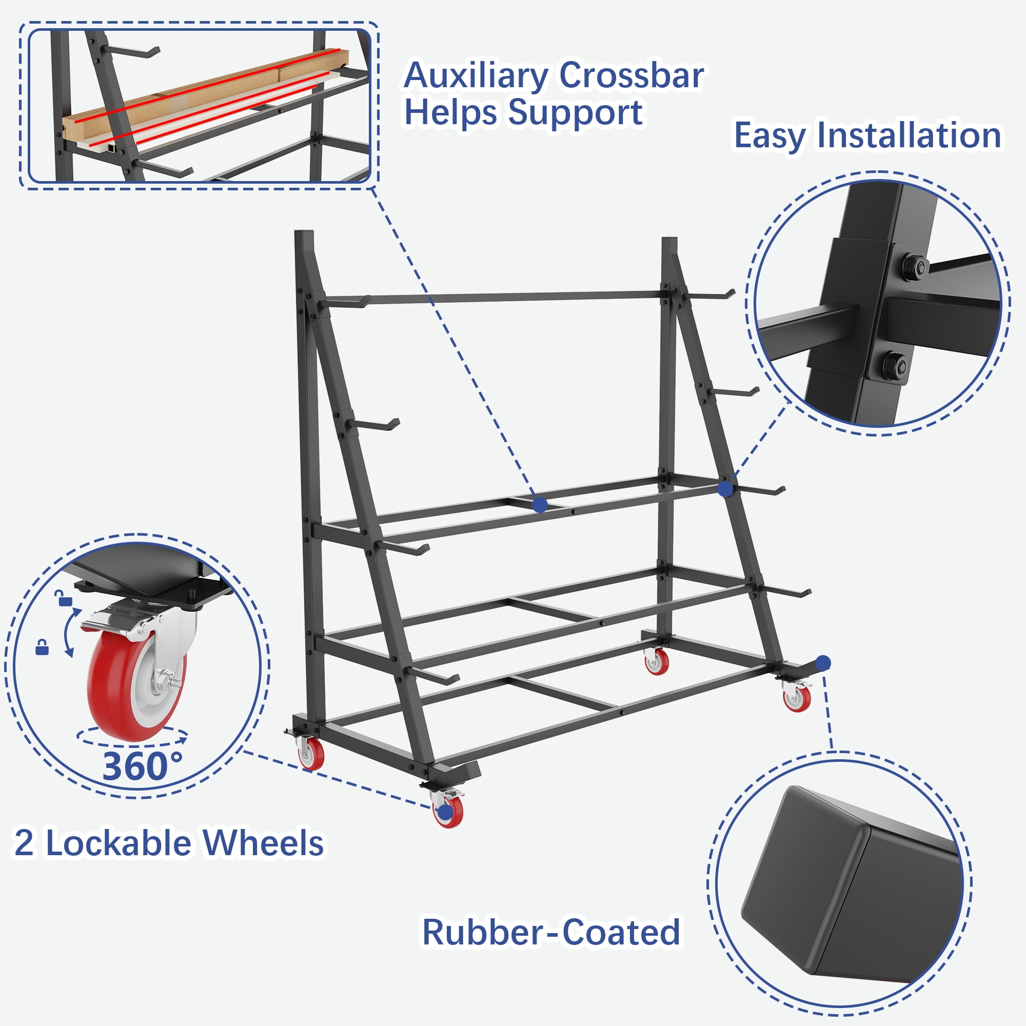 Heavy Duty Lumber Storage Rack, Horizontal Alloy Steel Pipe & Wood Rack with Wheels - 5-Tier Mobile Garage Workshop Organizer (50”W x 25.6”D x 63”H)