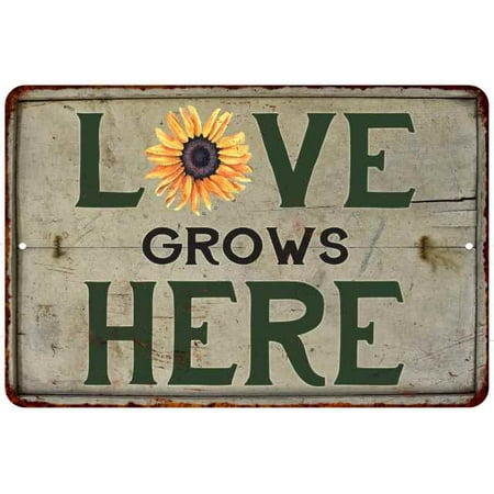 Love Grows Here Vintage Look Garden Chic 8x12 Metal Sign (Love Grows Best Sign)