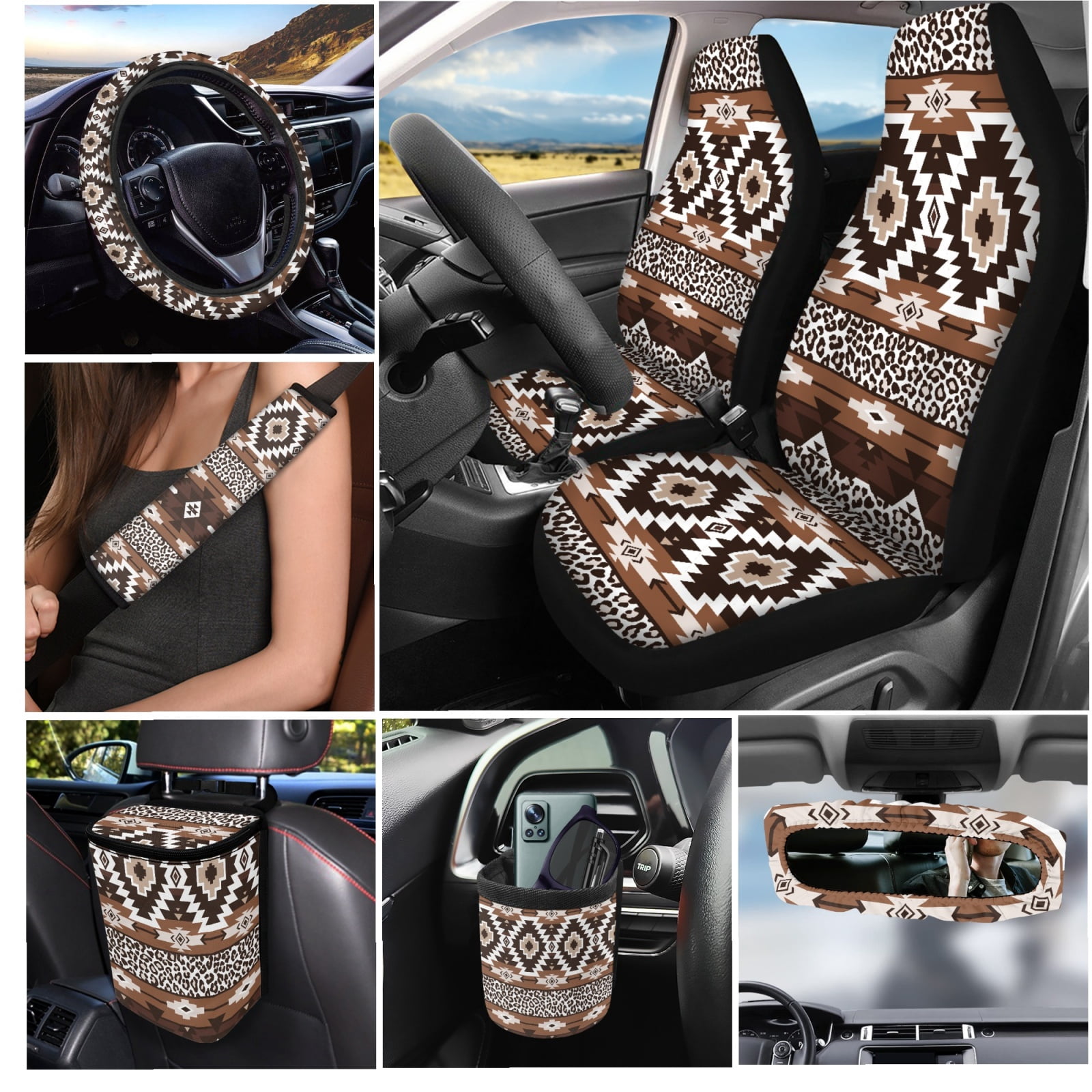 Jeiento Aztec Leopard Seat Covers Full Set for Car with Trash Bin Cup Holder Steering Wheel Cover Seat Belt Shoulder Pad Keychain Rear View Mirror Protector Air Vent Storage Bag Car Accessories