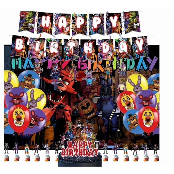 FNAF Birthday Party Supplies, Includes Banner, Cake Topper, Balloons, - 24 Cupcake Toppers - 20 Balloons