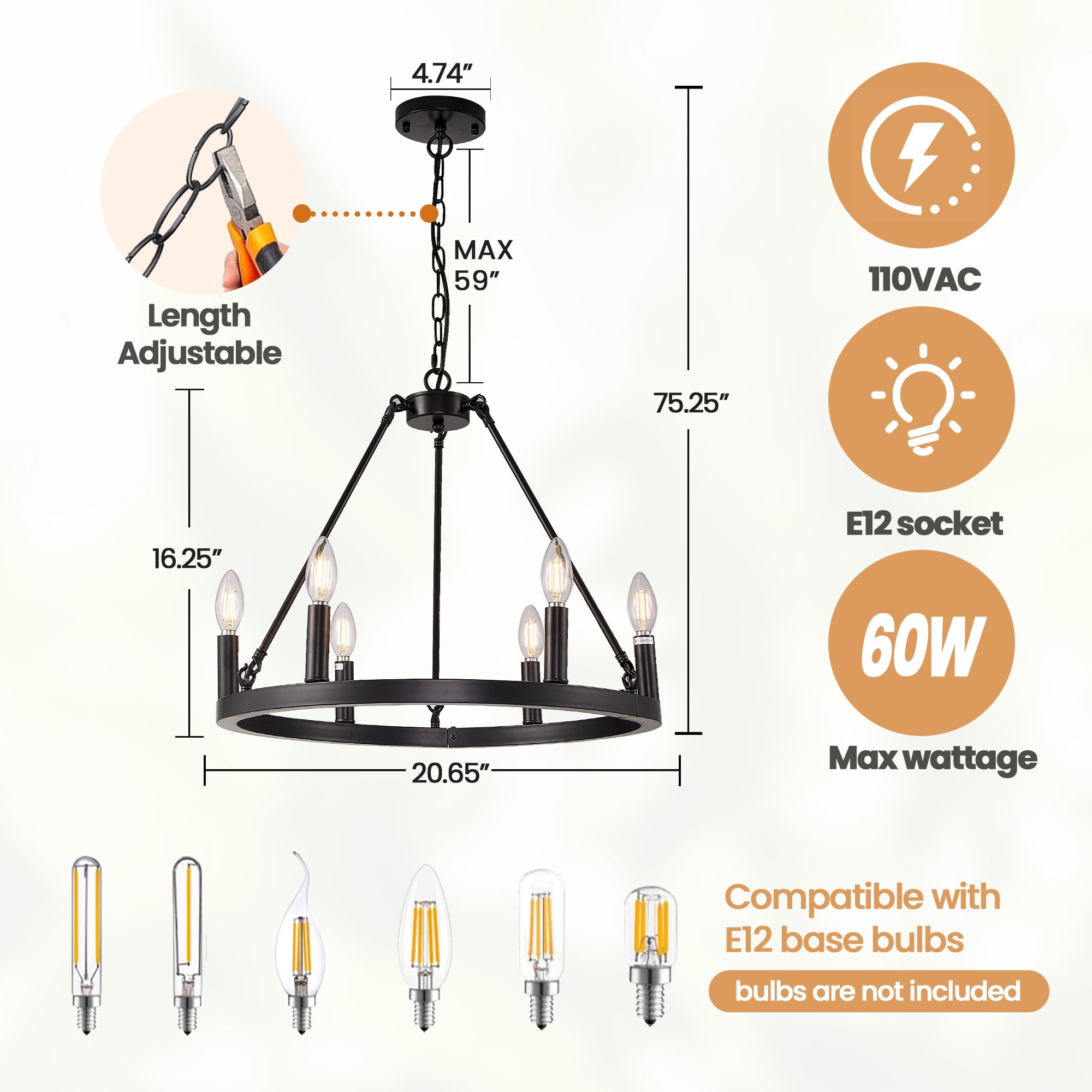bokifol 20.65" Black Chandelier for Dining Room,6-Light Wagon Wheel Chandelier with Adjustable Height,Dining Room Light Fixture for Kitchen Island,Living Room,Bedroom,Entryway,E12 Base