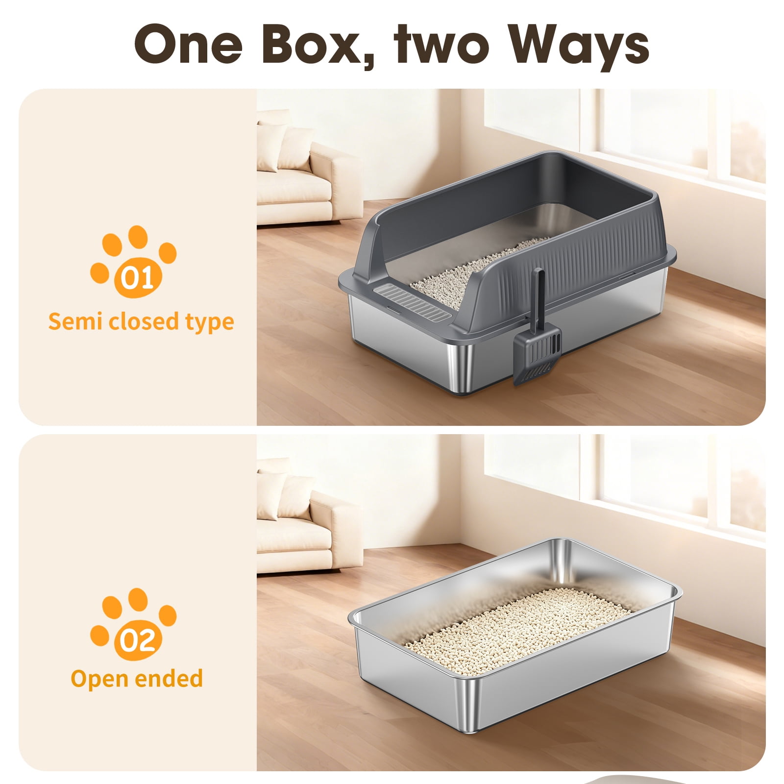 Stainless Steel Cat Litter Box with Lid, XL Enclosed Metal LitterBox for Big Cats, 23 x 15 x 10.2 Inch High Sided Litter Pan, Anti-Tracking Pedal, Non-Stick, Easy Clean, Scoop Included