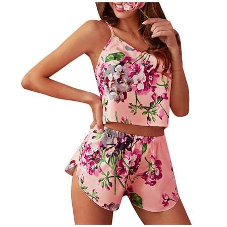 

DNDKILG Women s Silk Pajama Sets Lingerie Casual Cami Shorts Set Pj Set 2 Piece Lounge M