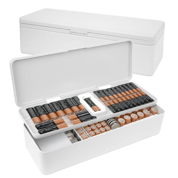 DODAMOUR Battery Organizer Storage Box, Battery Storage Case with Electric Quantity Detection, Battery Case Holder for 50 AA, 46 AAA, 19 Button Cell (White)